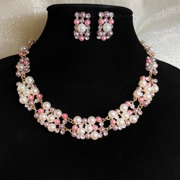 💖Pearl Necklace set. Faux White, Pink, Mauve Pearls & Rhinestones 18-1/2 /NS202 - Picture 4 of 4